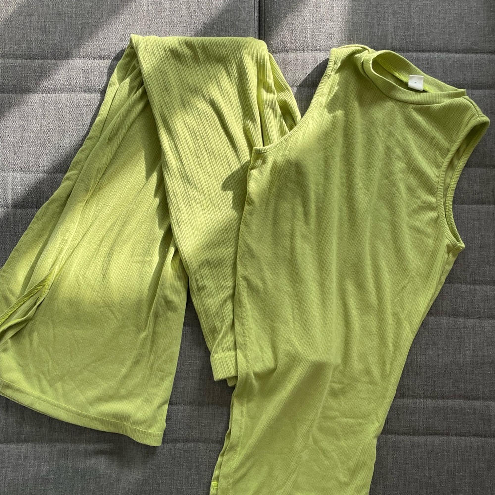 Sleeveless Lime Green, Wide Leg Pants and Cropped Top Set